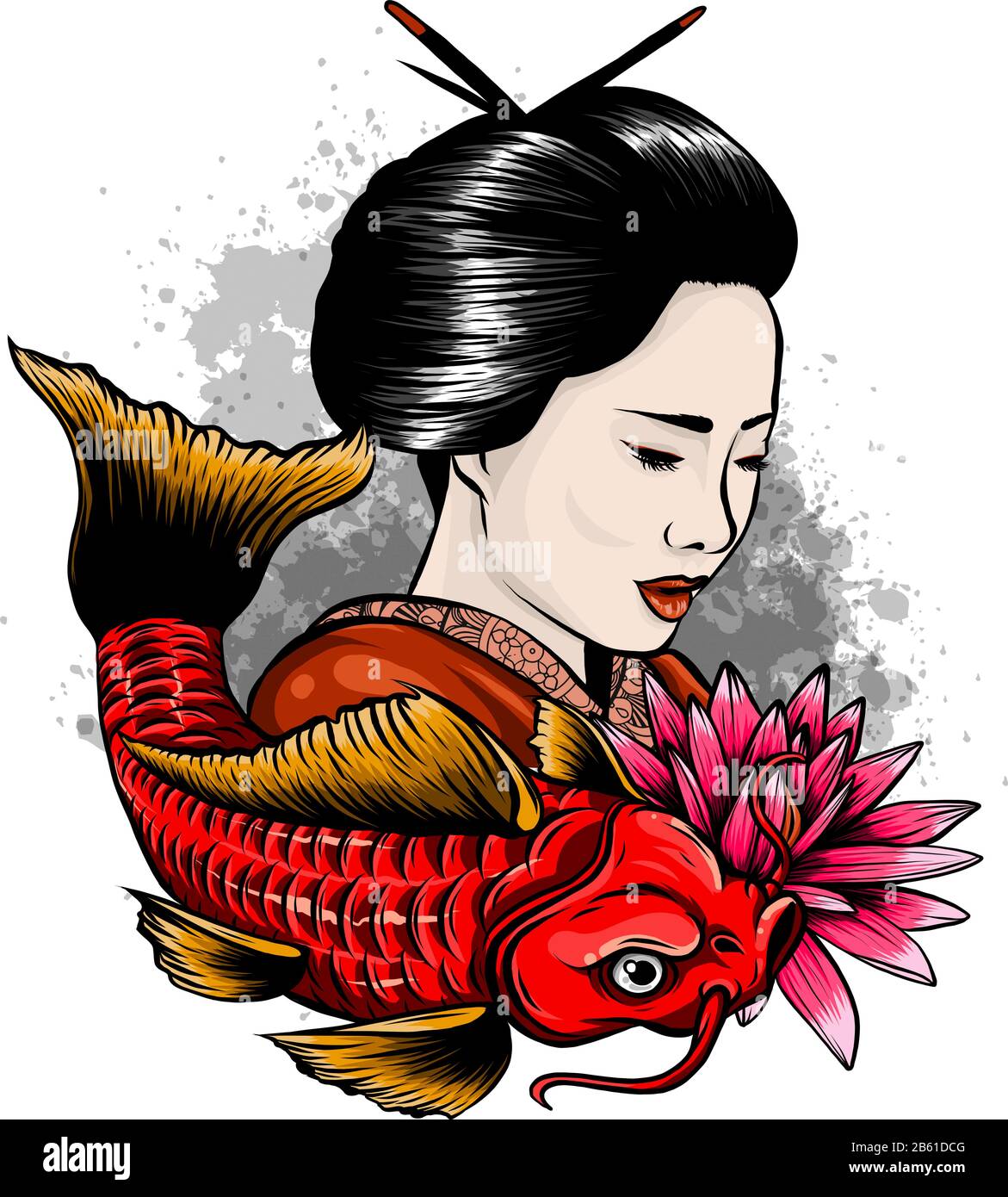 Vector illustration of Japanese geisha feeding sacred Koi carps at autumn time. Stock Vector
