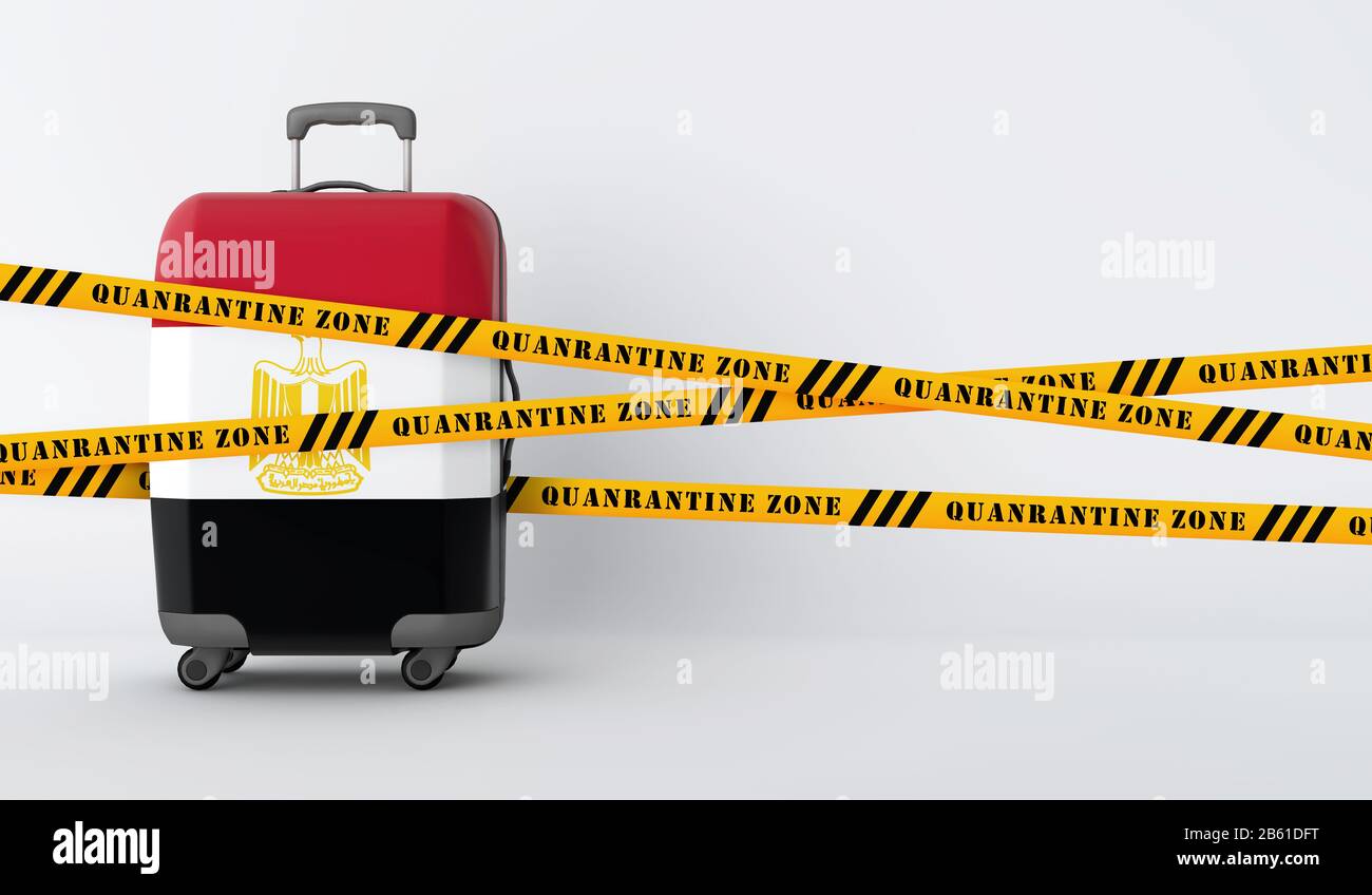 Egypt travel suitcase covered with quarantine tape. 3D Render Stock