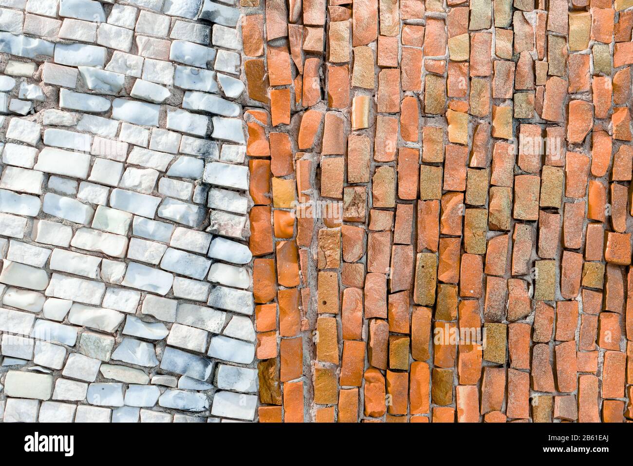 white and orange surface of abstract geometric smalt mosaic with high resolution for background. Minimal concept. Stock Photo