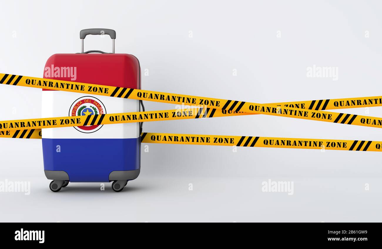 Paraguay travel suitcase covered with quarantine tape. 3D Render Stock Photo