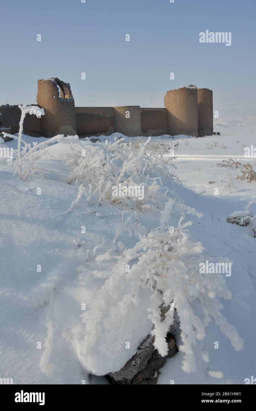 Ani fortress looks especial good in winter season. Ani is a ruined and uninhabited medieval Armenian city situated in the Turkish province of Kars, be Stock Photo