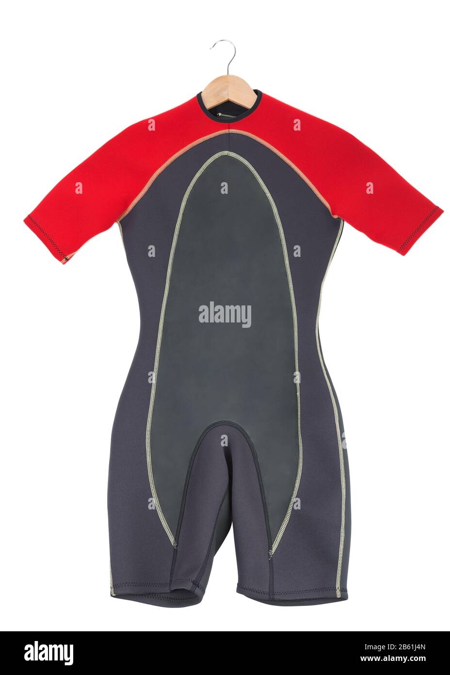 Red wetsuit for surfing. On a white background. Stock Photo