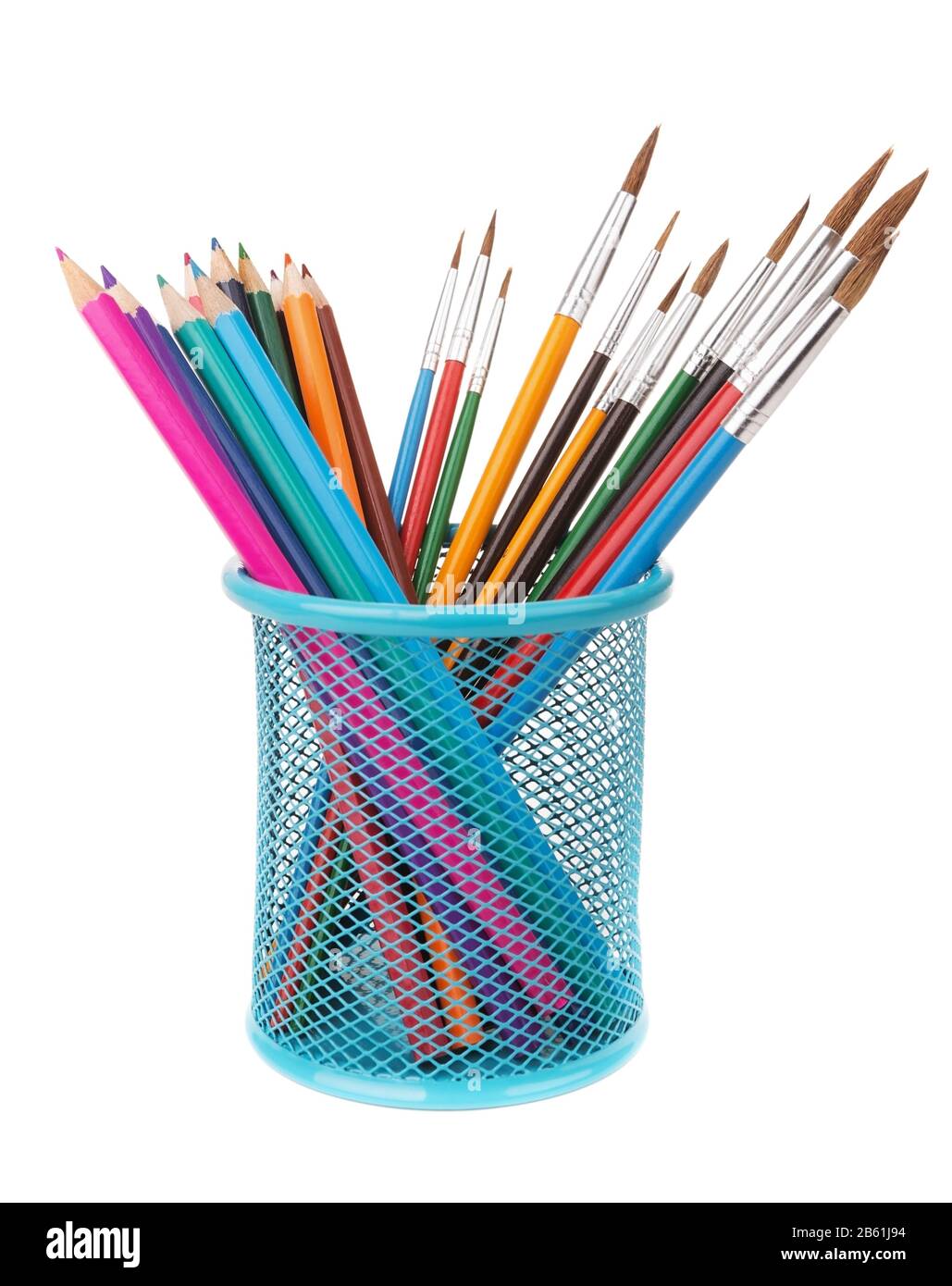 In your basket set of pencils and brushes for painting. On a white