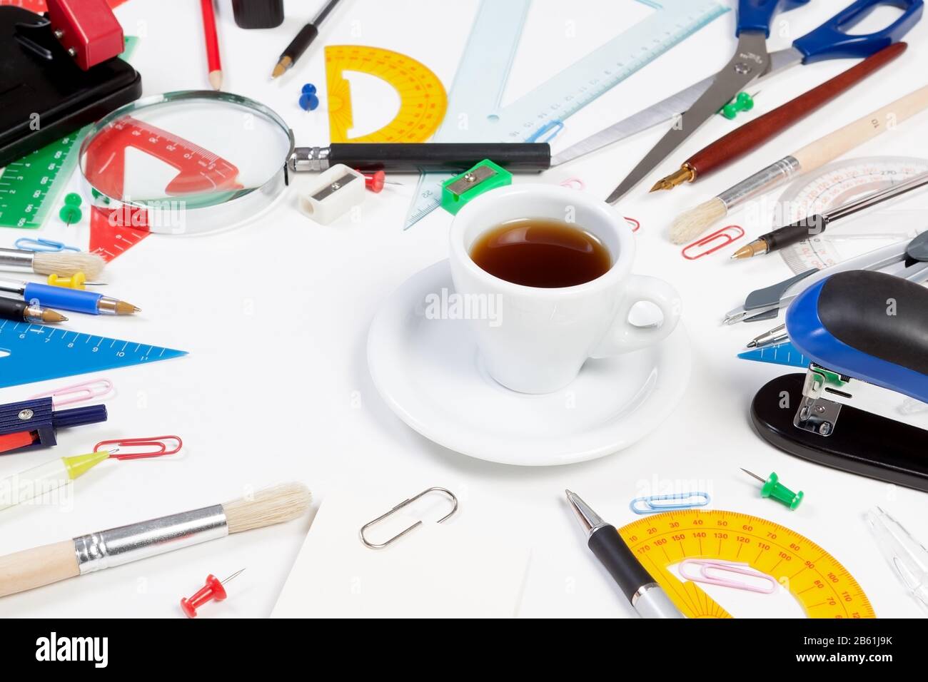 Office supplies coffee around. Secretary Desk Stock Photo Alamy
