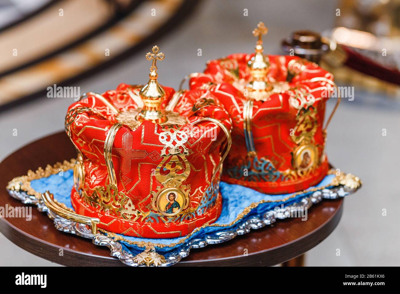 Orthodox crowns in church during wedding ceremony Stock Photo - Alamy