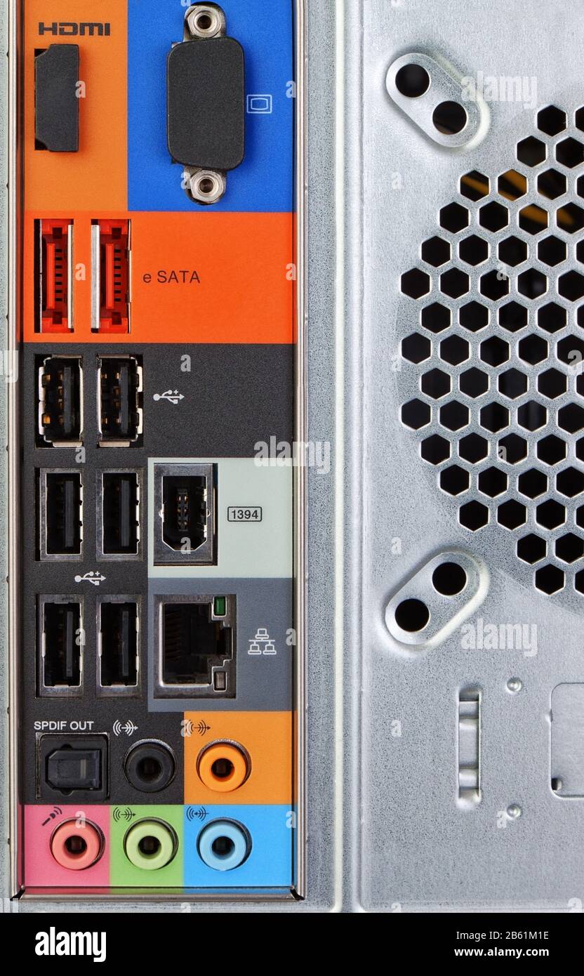 The back of a desktop computer and peripherals. Close-up Stock Photo