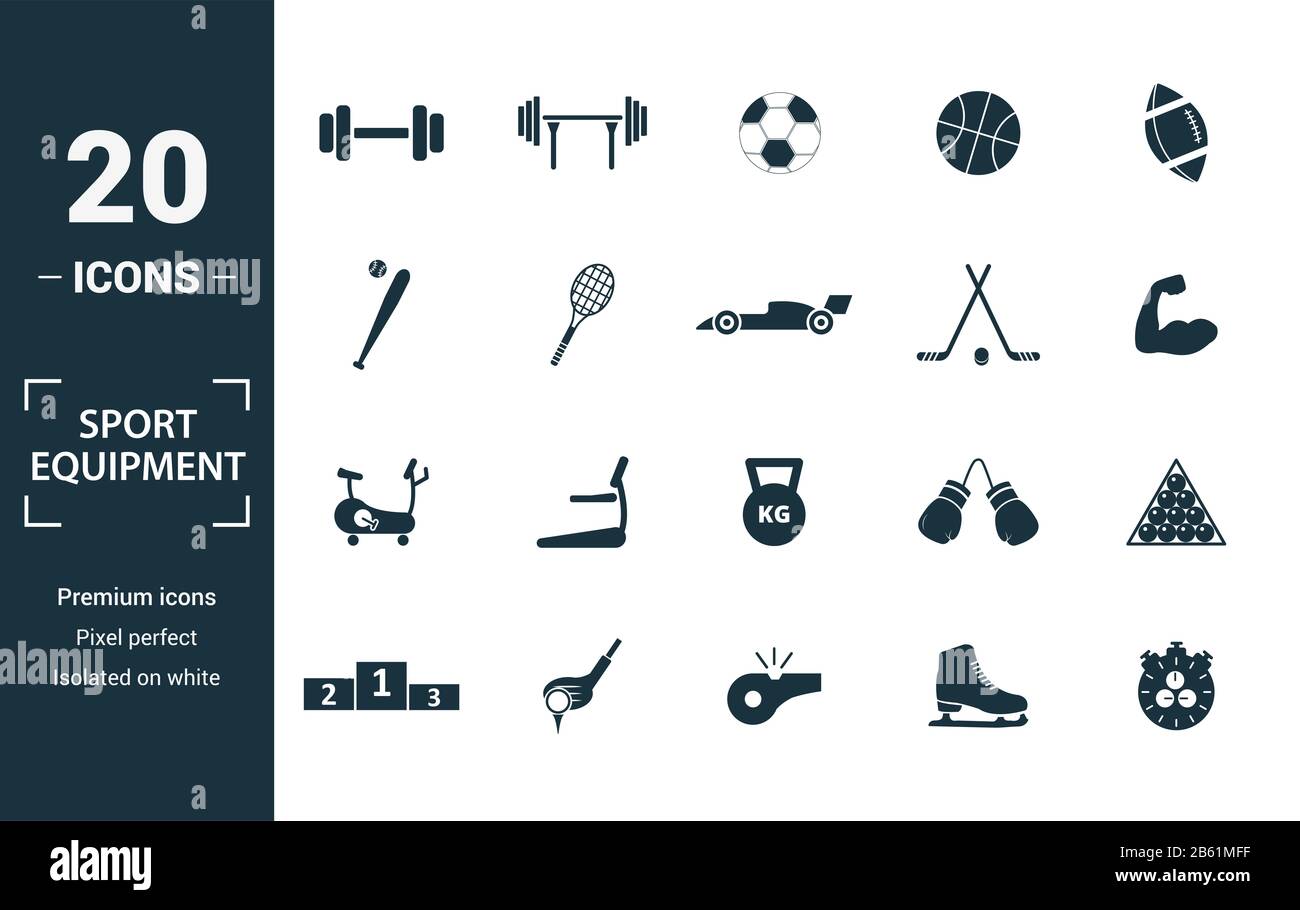 Sport Equipment icon set. Include creative elements dumbbells, soccer