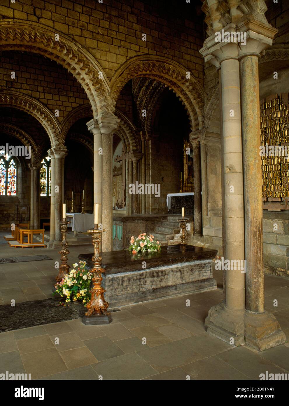 Tomb of the Venerable Bede in the Galilee Chapel at the W end of Durham Cathedral, England, UK. Monk & historian Bede died in 735 at Jarrow monastery. Stock Photo