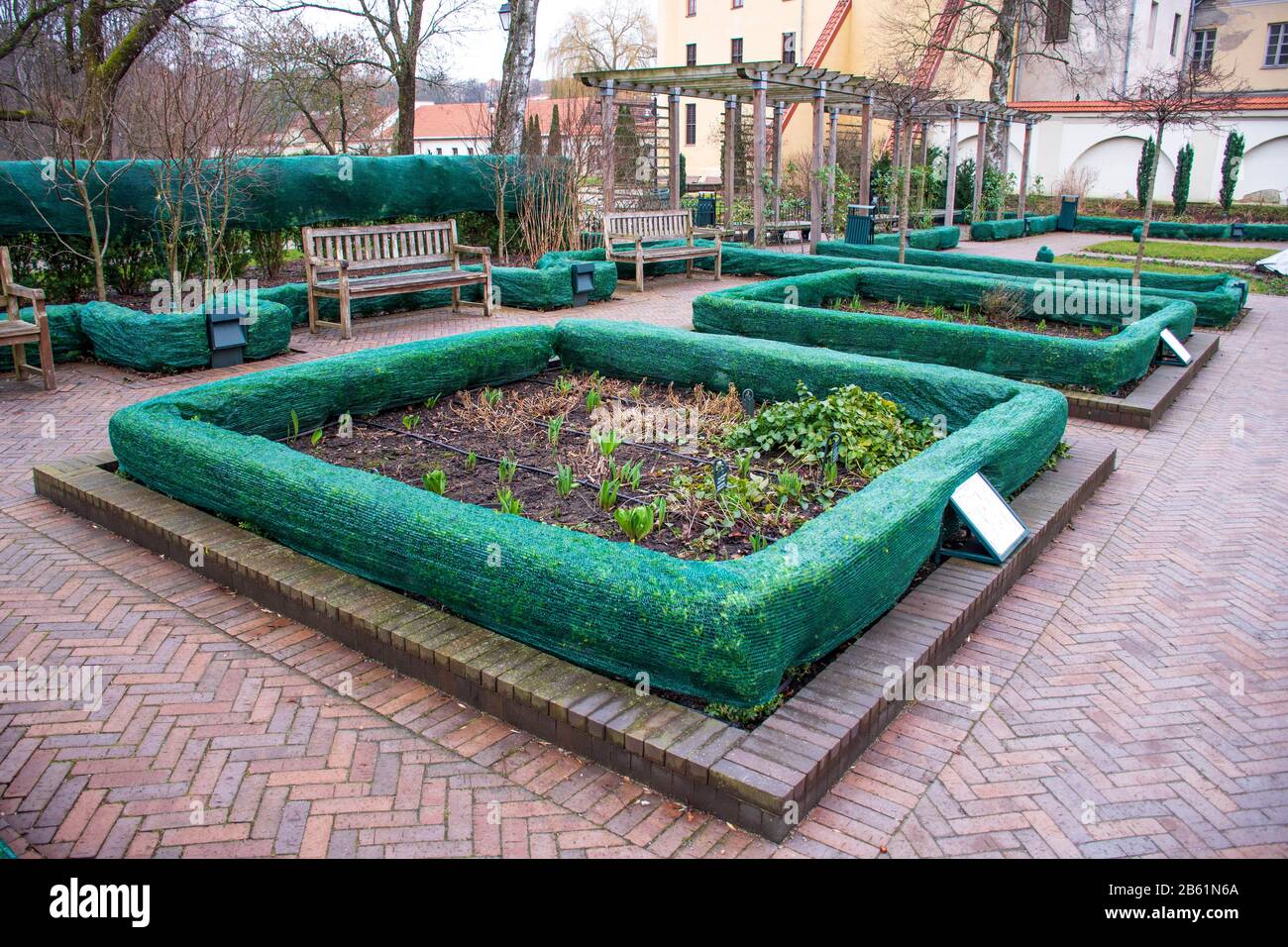 Plants and trees in a park covered with plastic sheets to protect them