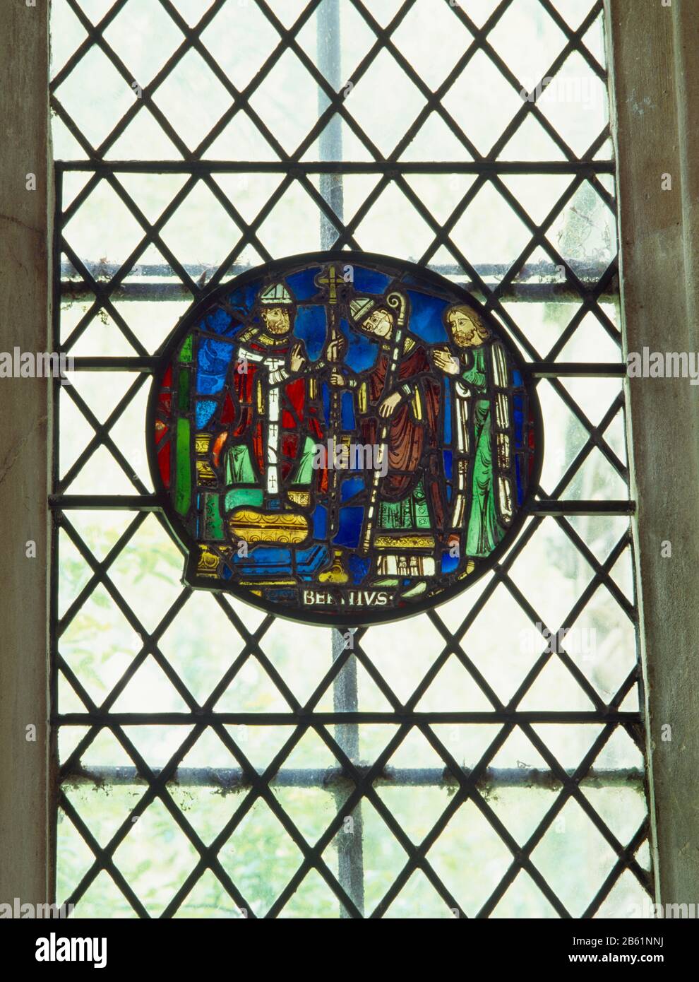 A C13th roundel in the E window of St Birinus' Chapel, the N choir aisle of Dorchester Abbey, Oxfordshire, England, UK, depicting St Birinus (BERNIUS) Stock Photo