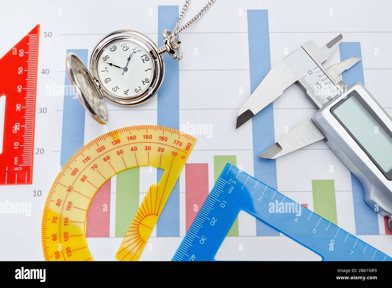 Concept chart songs pocket watches, rulers and vernier calipers Stock ...
