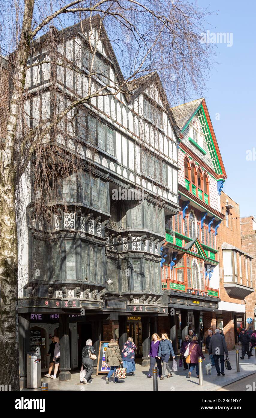 Historic Tudor buildings in High Street, Exeter city centre, Devon, England, UK Stock Photo