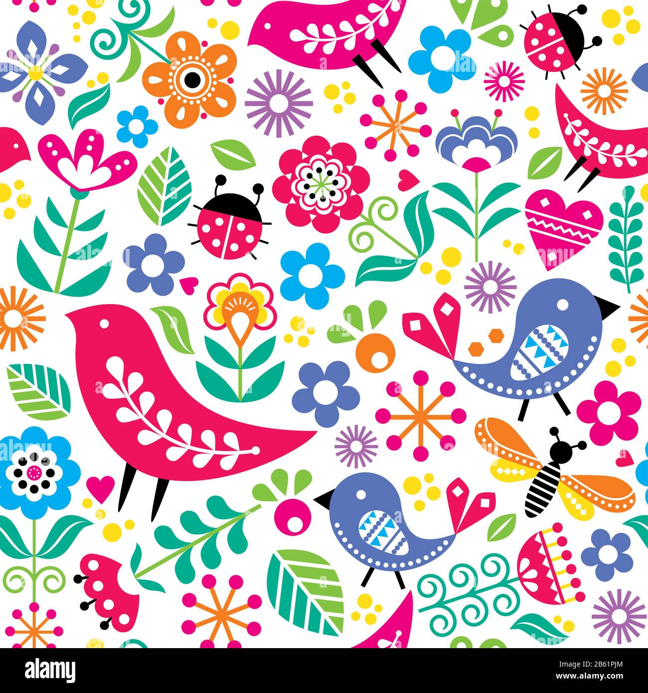 Scandinavian folk art vector seamless pattern with birds, flowers, spirng happy textile design inspired by traditional embroidery from Sweden, Norway Stock Vector