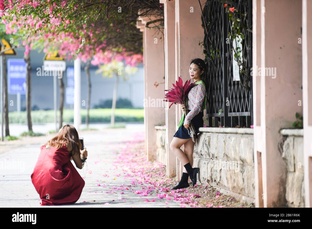 Nanning, China's Guangxi Zhuang Autonomous Region. 9th Mar, 2020. A woman poses for photos under blossoms of Bougainvillea in Nanning City, capital of south China's Guangxi Zhuang Autonomous Region, March 9, 2020. Credit: Cao Yiming/Xinhua/Alamy Live News Stock Photo