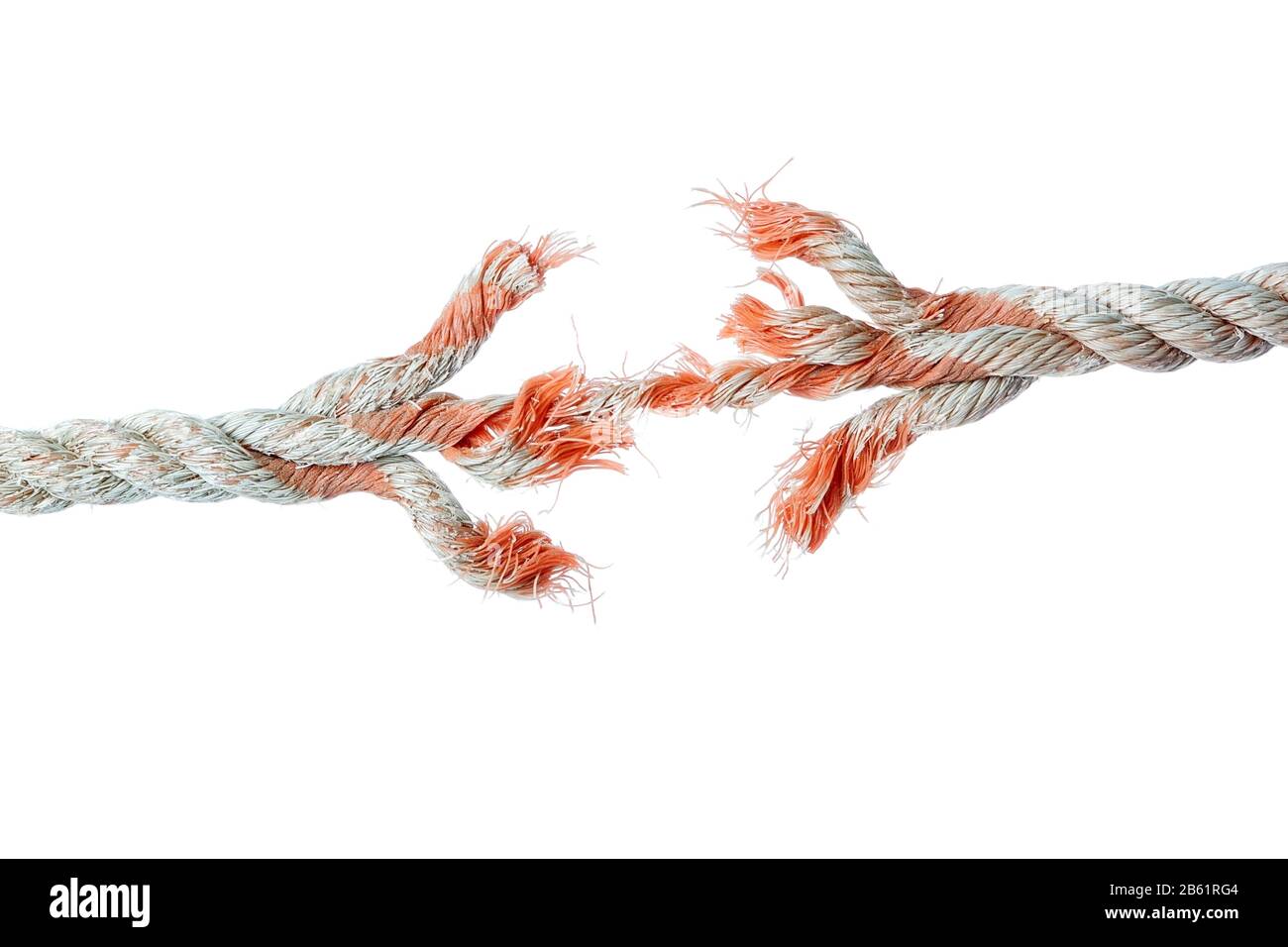 The rope breaks in excess of efforts. On a white background Stock Photo
