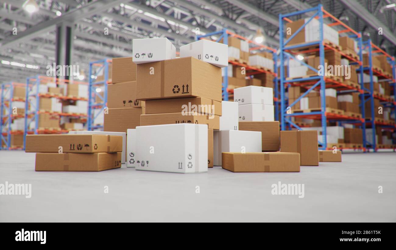 Cardboard boxes in middle of the warehouse, logistic center. Huge modern warehouse. Warehouse filled with cardboard boxes on shelves, boxes stand on Stock Photo