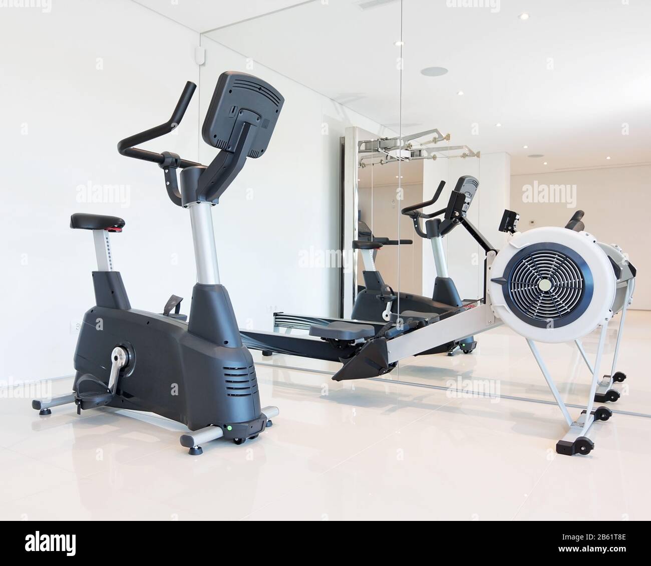 Exercise bike and rowing simulator in the luxury gym close-up. Stock Photo
