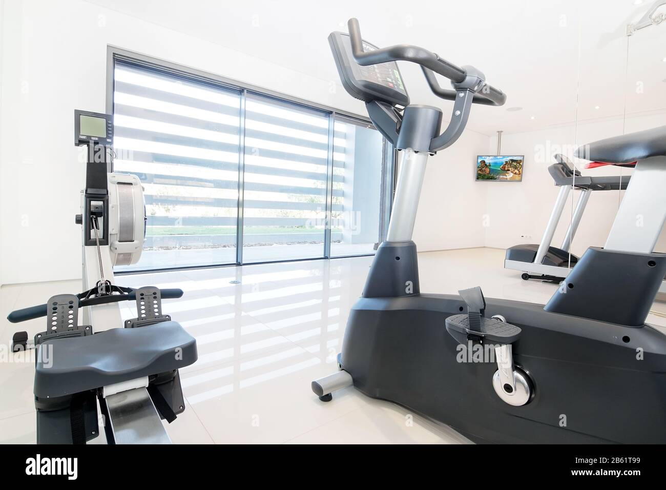 Exercise bike and rowing simulator in a modern luxe gym. Indoor. Stock Photo