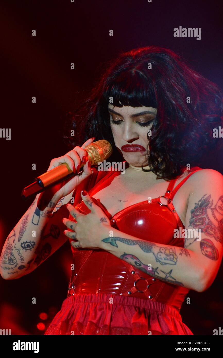 Chilean singer and activist Mon Laferte performs live on stage during the Tiempo de Mujeres Music Festival at Zocalo in Mexico City. Stock Photo