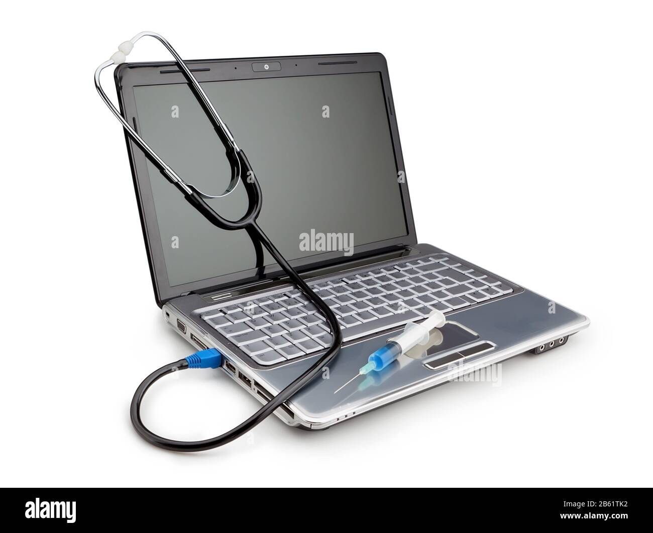 Modern laptop with a stethoscope and syringe for the treatment of viruses or problems hardware. On a white background. Stock Photo