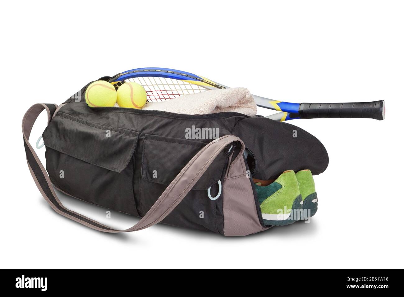 Tennis sports bag. With the racket and tennis ball. Stock Photo