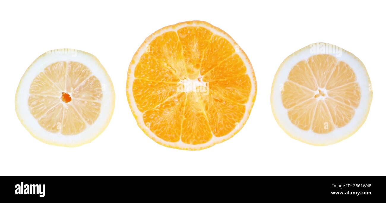 Fresh lemons and oranges in the cut. On a white background. Stock Photo