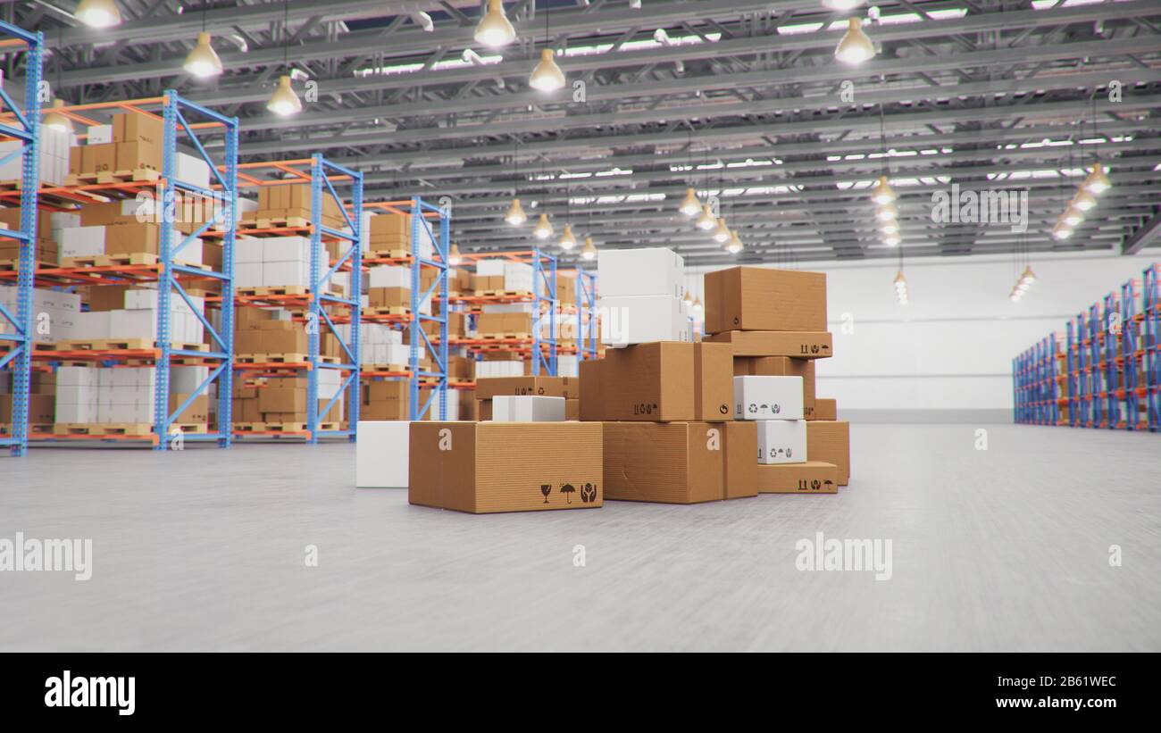 3D Illustration packages delivery, parcels transportation system concept, heap of cardboard boxes in middle of the warehouse. Warehouse with cardboard Stock Photo