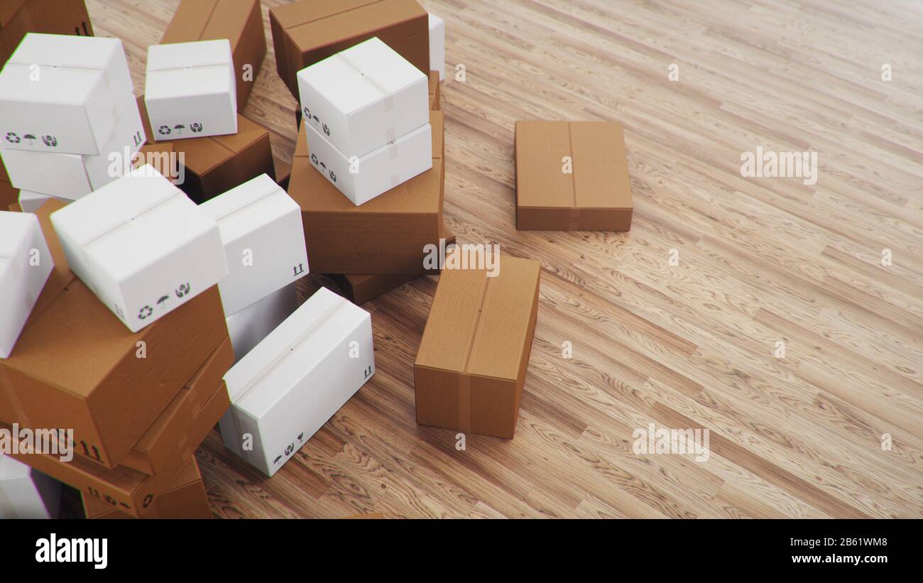 3D illustration heap of cardboard boxes for the delivery of goods, parcels. Cardboard boxes at home in a room on a wooden floor. Packages delivery Stock Photo