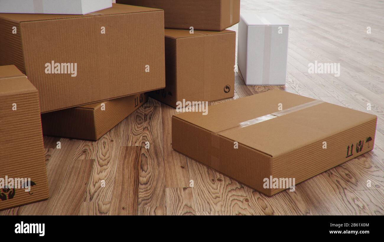 Heap of cardboard boxes for the delivery of goods, parcels, Cardboard boxes at home in a room on a wooden floor. Packages delivery, parcels Stock Photo