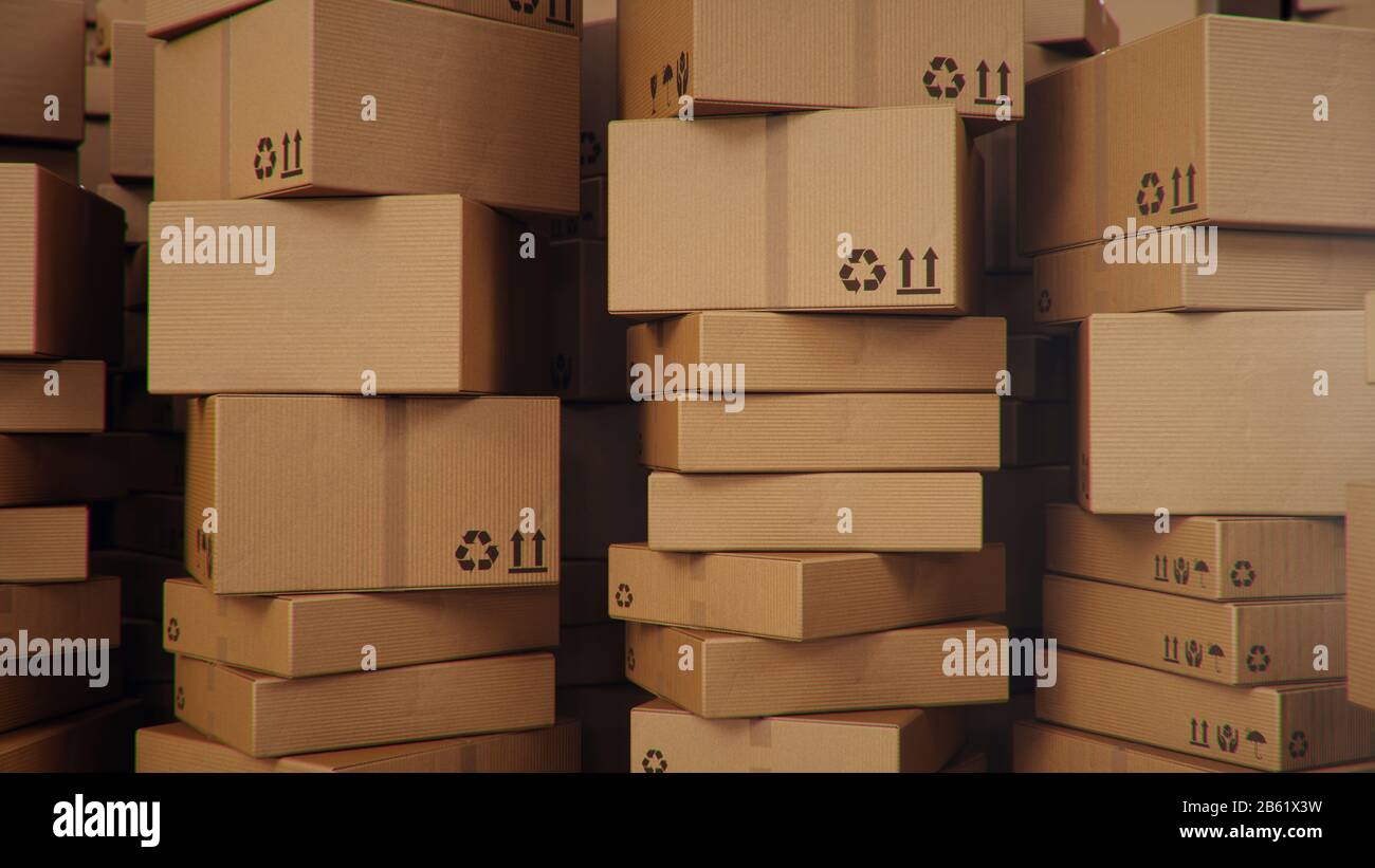 3D illustration background of cardboard boxes. Heap of cardboard boxes for the delivery of goods, parcels. Warehouse filled with boxes. Packages Stock Photo