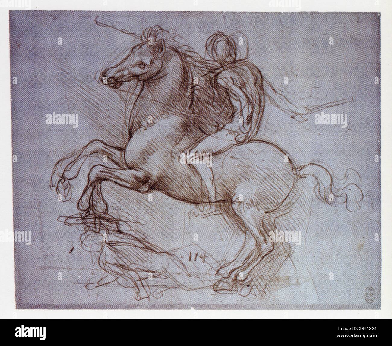 Leonardo da Vinci. Study of rearing horse and rider trampling a fallen enemy. 1490 Stock Photo