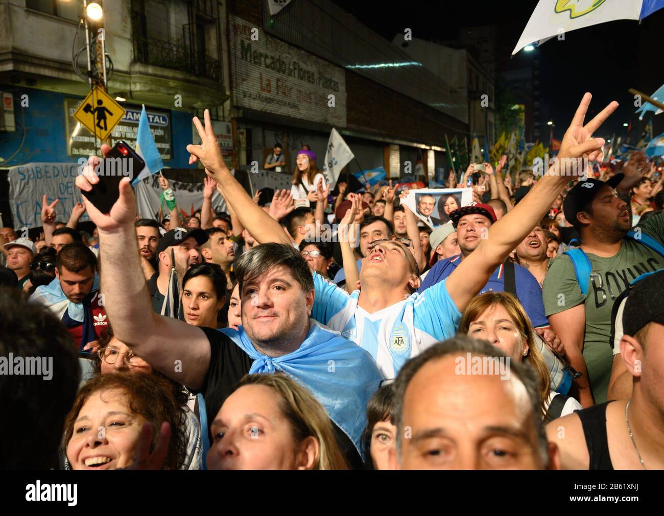 Participants in a rally of the “Frente de Todos” party alliance cheer during a speech by the presidential candidate Alberto Fernández in Buenos Aires. Opposition candidate Alberto Fernández won the presidential election in Argentina. Dawith is also returning the controversial ex-president Cristina Kirchner to the government as vice president. | usage worldwide Stock Photo