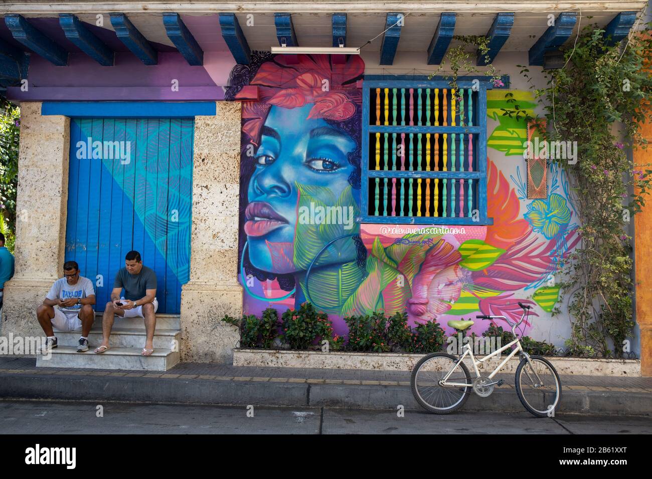 Plaza de la Trinidad is the main square and meeting place in Getsemani and is surrounded by many wonderful murals and street art. Stock Photo
