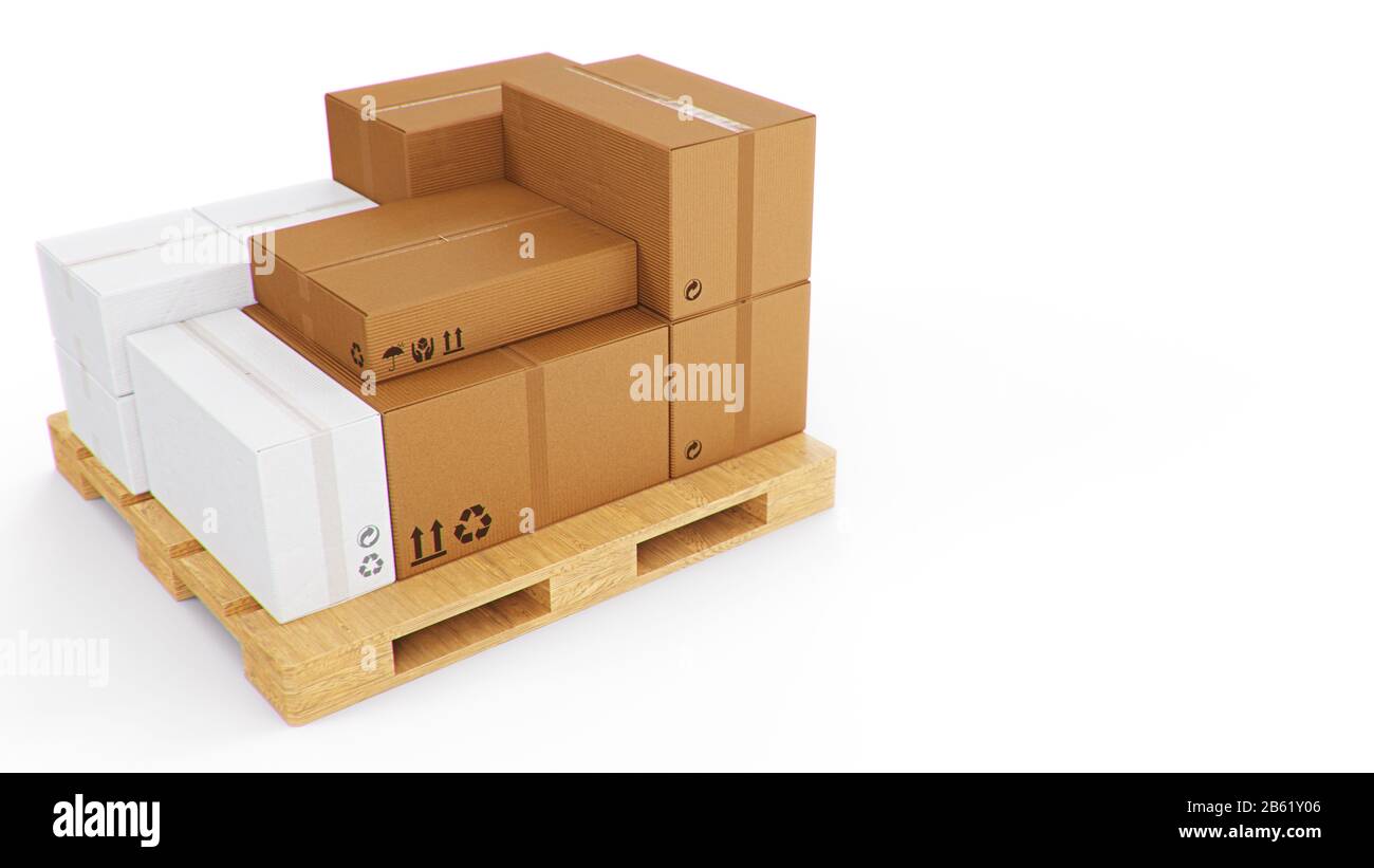 3D illustration cardboard boxes on wooden pallets isolated on a white background. Cardboard boxes for the delivery of goods. Packages delivery Stock Photo