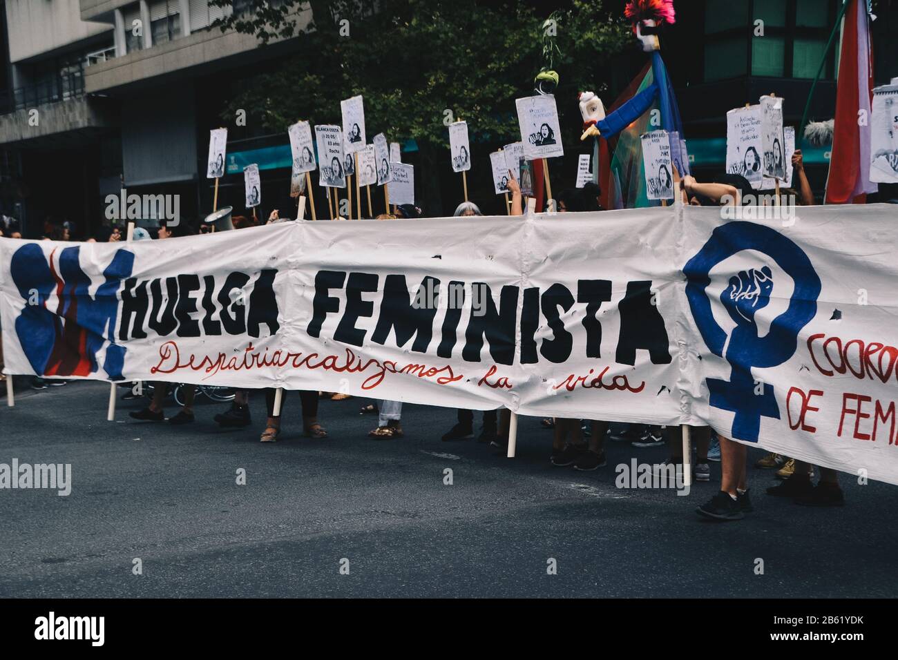 Poster in the 8M protest that says "Feminist Strike" Stock Photo