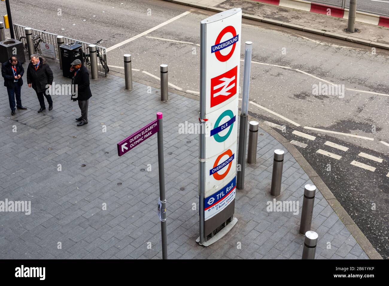 London, England, UK - January 17, 2020: A totem sign on a street outside Stratford Station avertises the Transport for London and National Rail transi Stock Photo