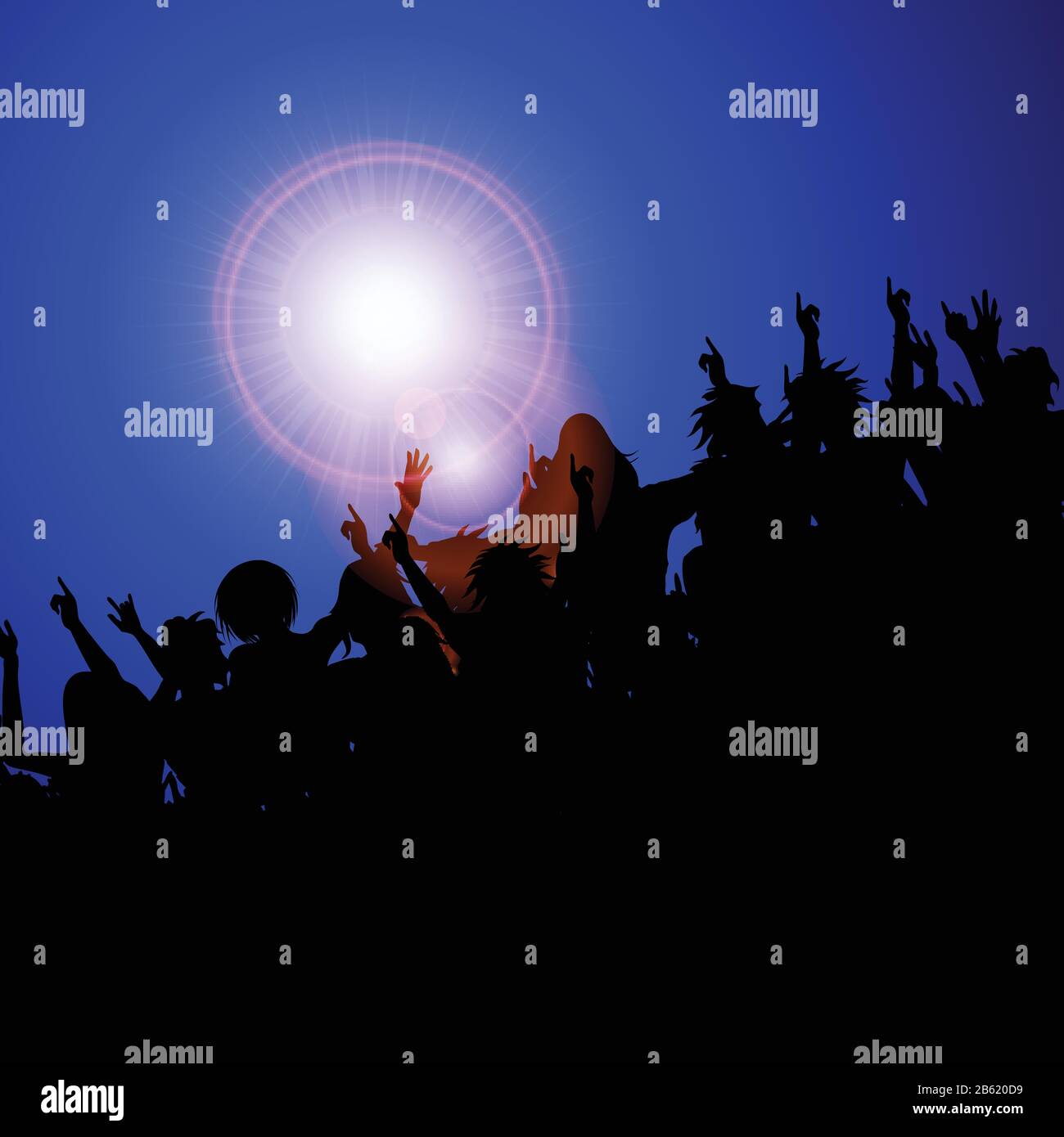 Festival Party Concert Crowd Black Silhouette With Lens Flares Over Dark Blue Background Stock Vector