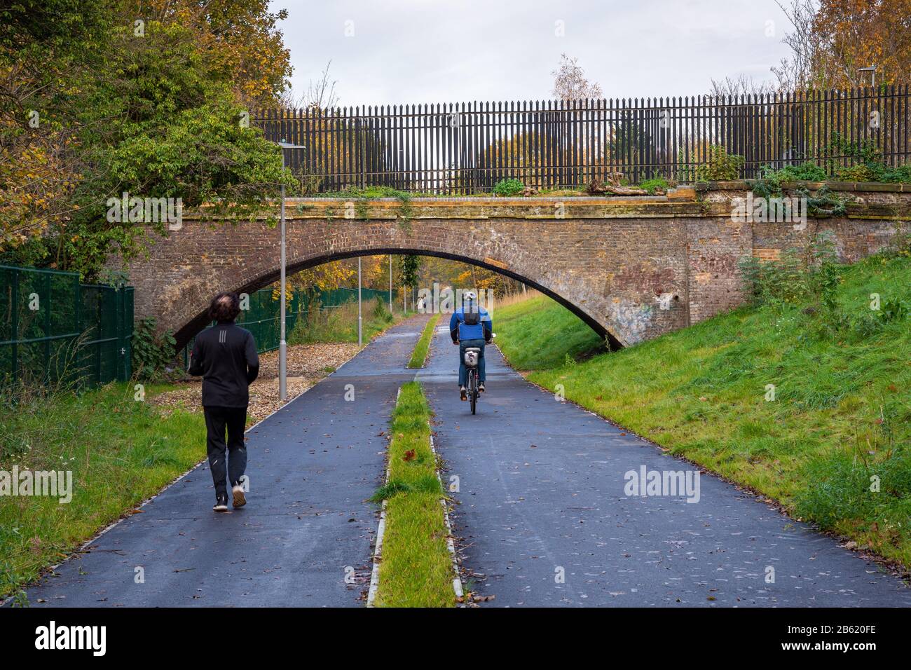 London, England, UK - November 17, 2019: Cyclists, walkers and joggers used a new 'rail trail' path and park between New Maldon and Raynes Park in sou Stock Photo