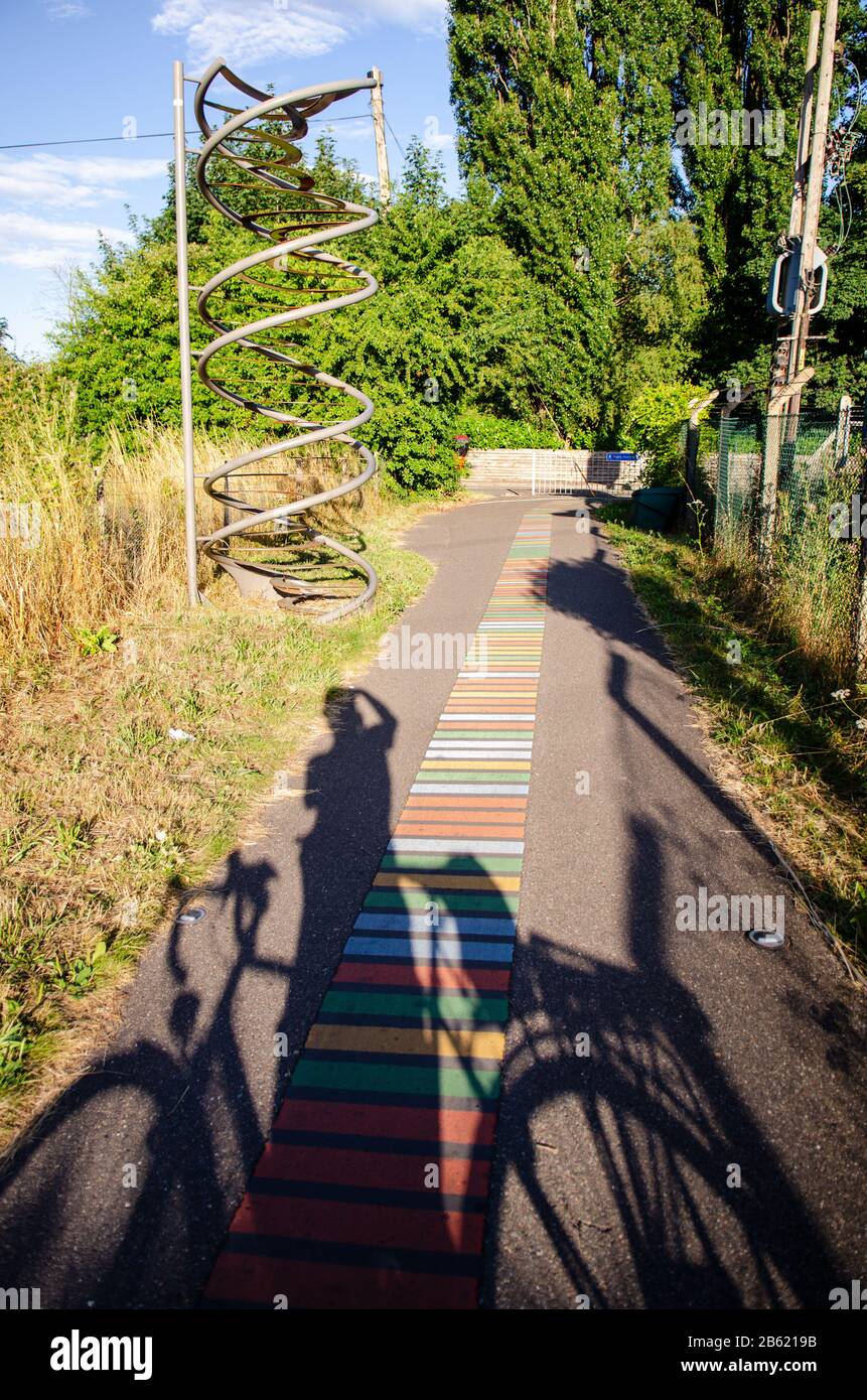 Cambridge, England, UK - July 28, 2013: The shadow of a cyclist falls on the sequence of the BRCA2 gene, represented by coloured stripes, on the Natio Stock Photo