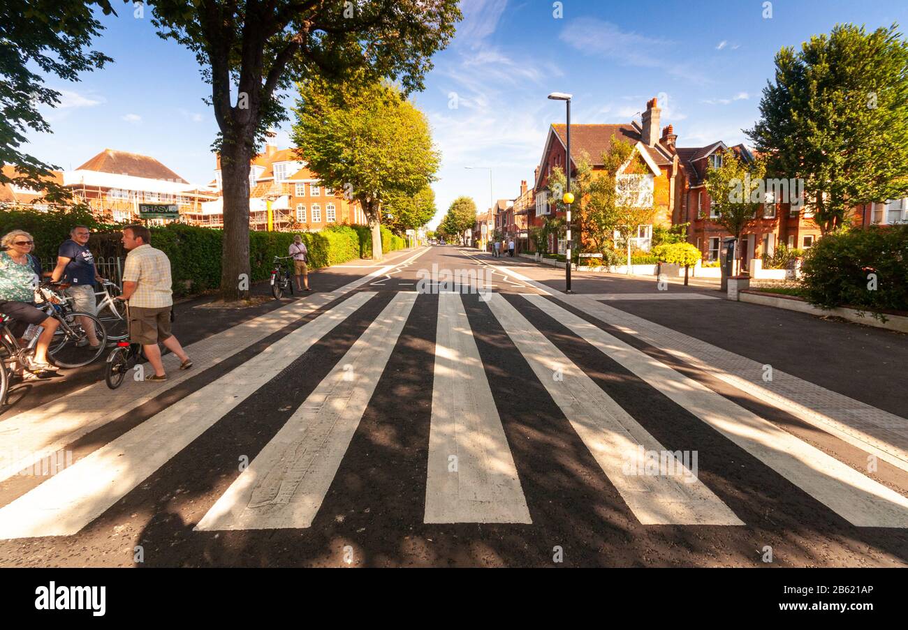 Hove, England, UK - August 18, 2012: An ultra-wide zebra crossing accompanies new cycle tracks as part of a scheme to transform Old Shoreham Road in H Stock Photo