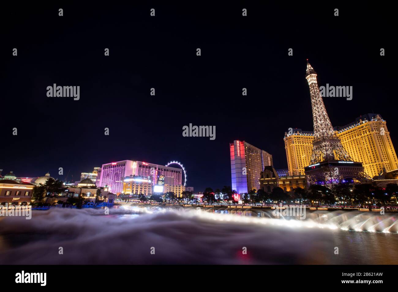 Las Vegas USA Bellagio Fountains overlooking Paris Stock Photo