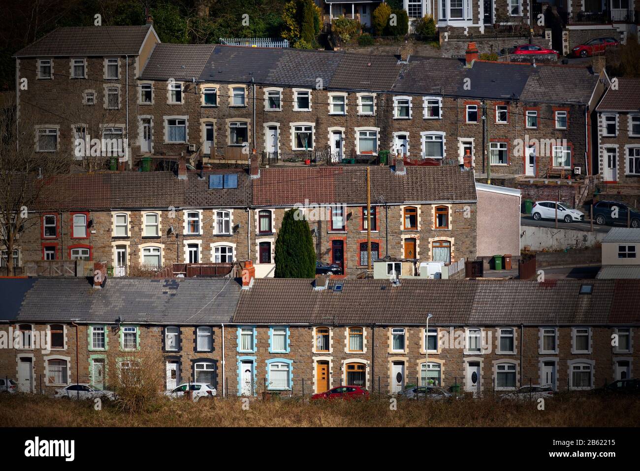 South Wales Valleys terraced houses built as ribbon settlements, Wales, UK Stock Photo