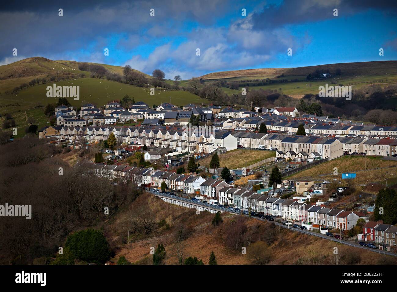 South Wales Valleys terraced houses built as ribbon settlements, Wales, UK Stock Photo