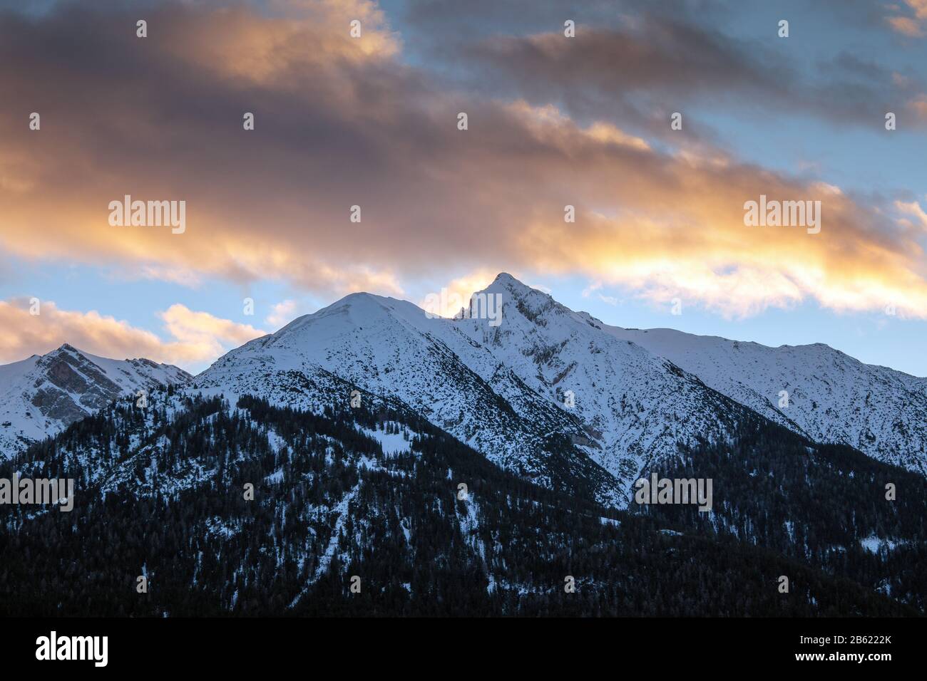 The Härmelekopf and Reither Spitze mountains in winter season. Mountain landscape of Seefeld in Tirol. Tyrol. Austria. Europe. Stock Photo