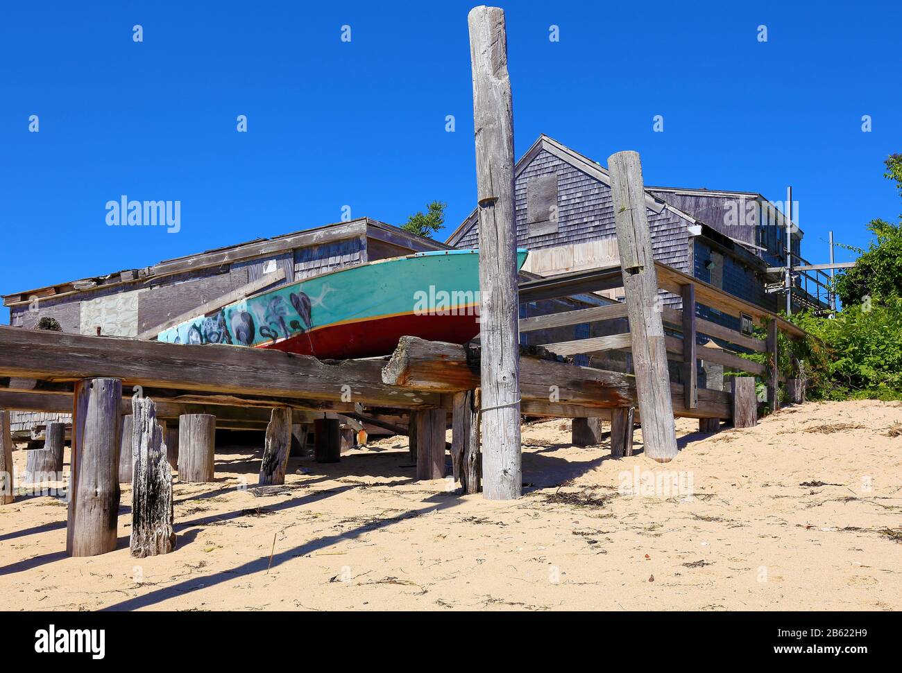 Derelict wooden jetty at Provincetown Cape Cod Stock Photo