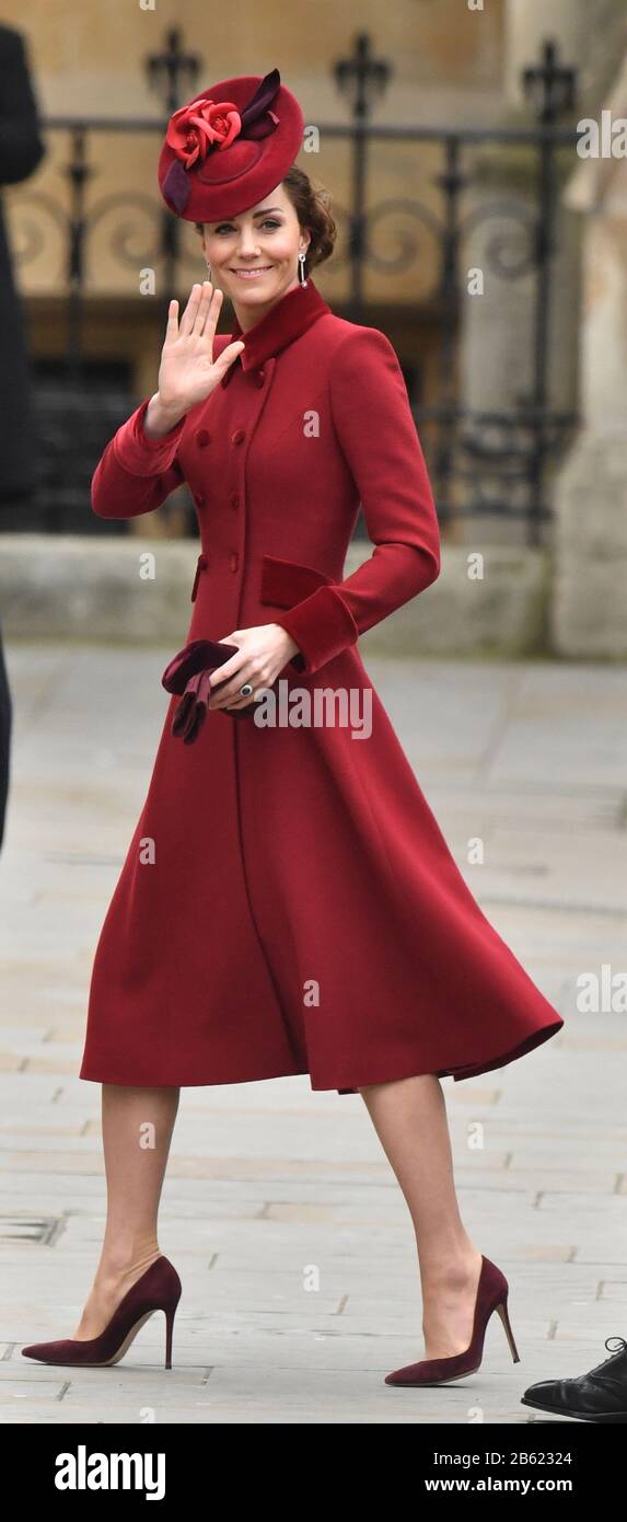 The Duchess of Cambridge arrives at the Commonwealth Service at Westminster Abbey, London on Commonwealth Day. The service is the final official engagement for the Duke and Duchess of Sussex before they quit royal life. Stock Photo