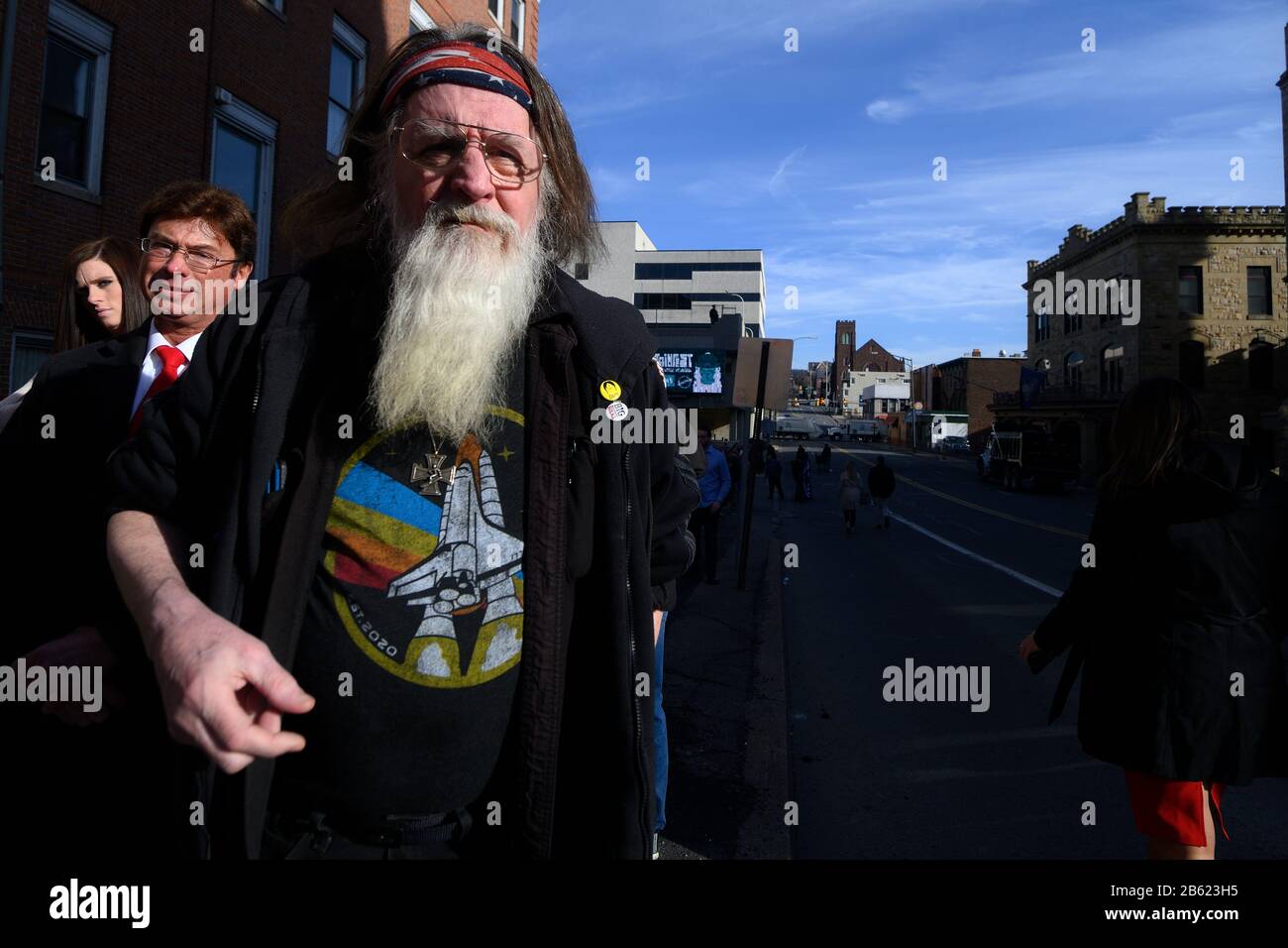 Rik Little, of Scranton, PA, waits in line in the hope to get in a televised town hall with President Donald Trump, in Scranton, PA on March 5, 2020. Stock Photo