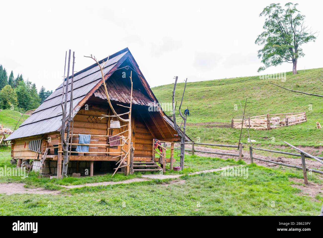 Wooden shepherd's hut in the mountains on a hillside Stock Photo - Alamy