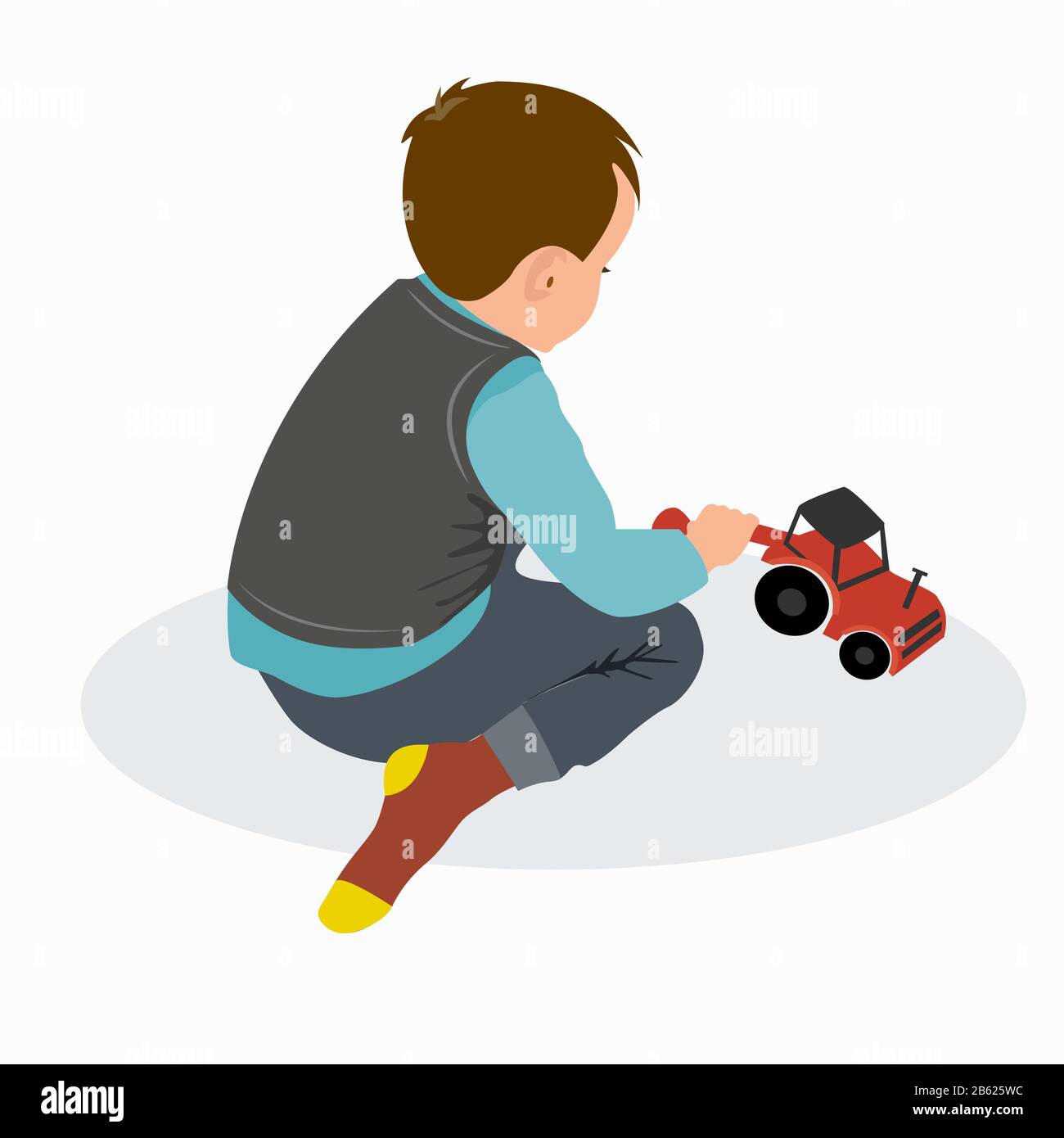 Cute little baby boy playing with colorful car toy isolated on white. Vector flat illustration Stock Vector
