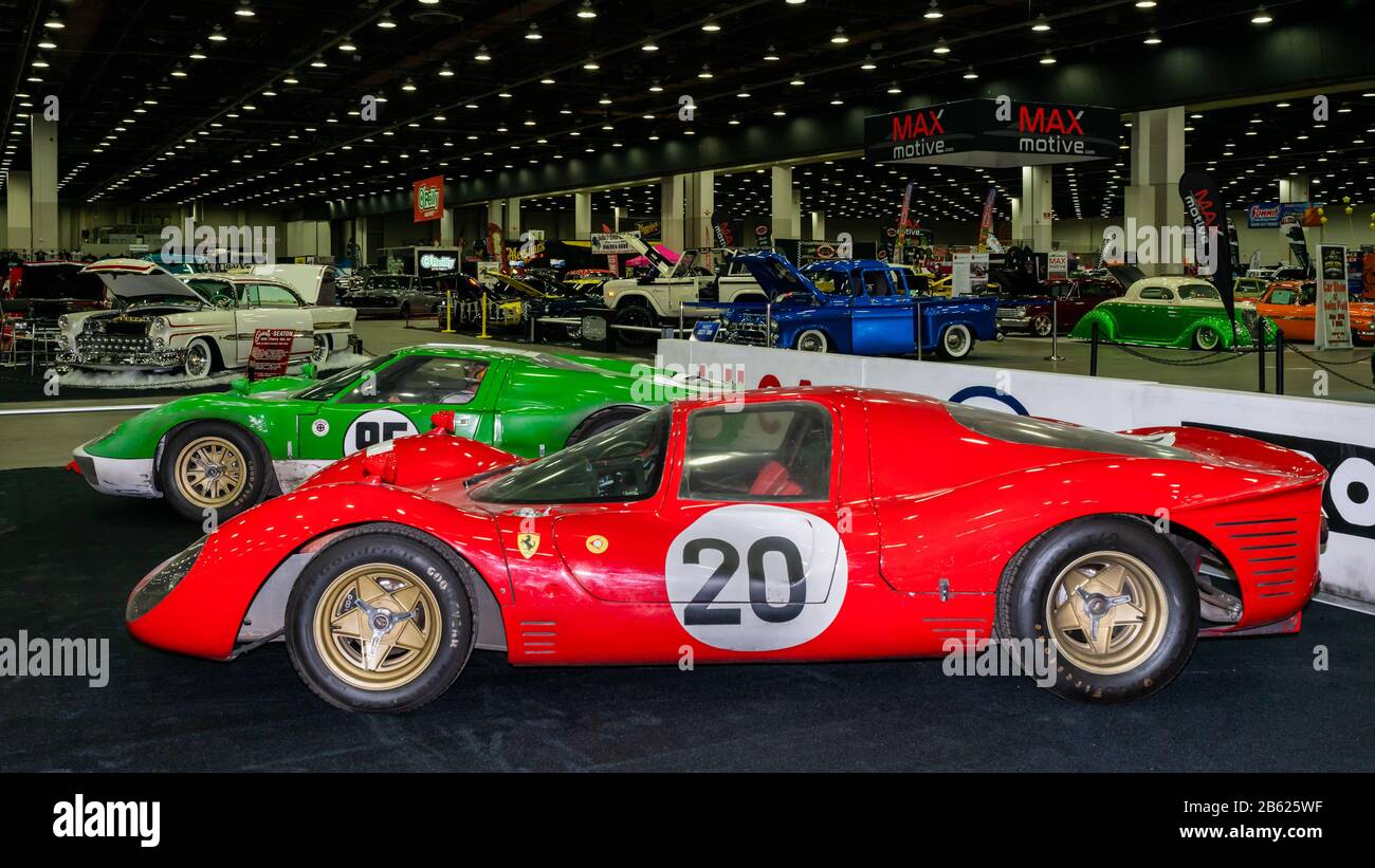 DETROIT, MI/USA - February 29, 2020: A Ford GT40 #95 and a Ferrari P330 #20 car used in the movie 'Ford v Ferrari', on display at the Detroit Autorama. Stock Photo